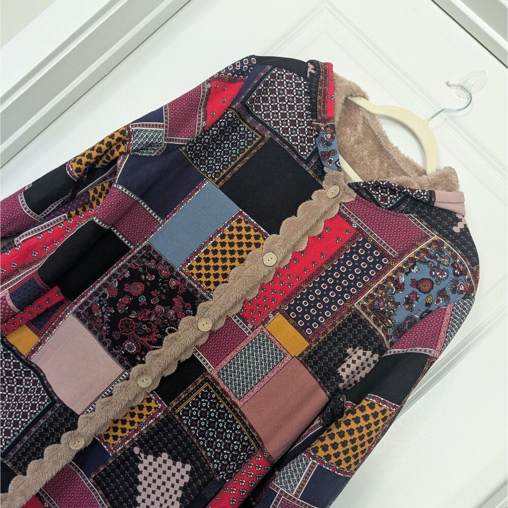 Women 2XL Patchwork Hooded Coat Sherpa Lined Boho Button Front Multicolor